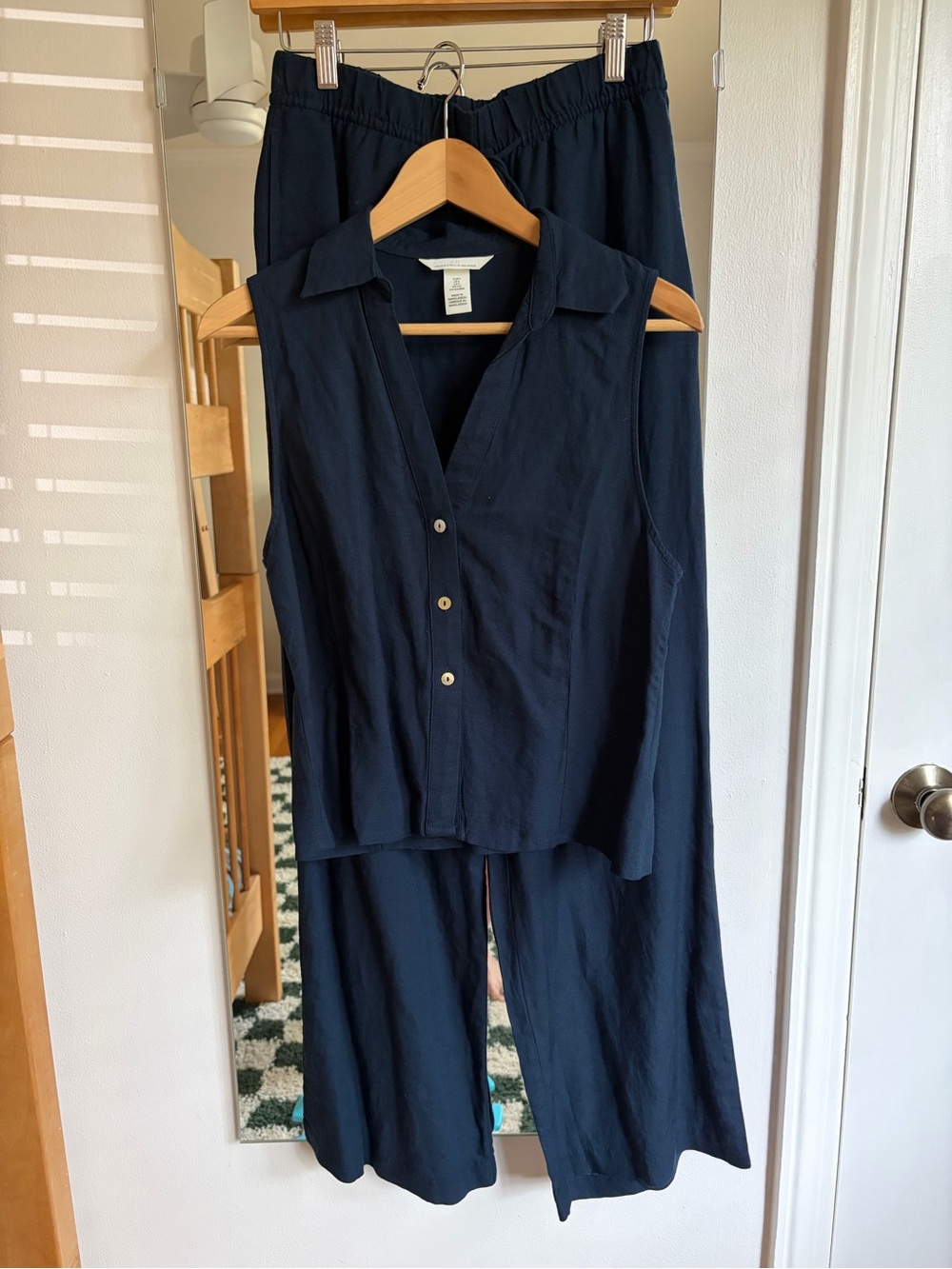 Navy Linen Set — sleeveless button down linen top and linen pants